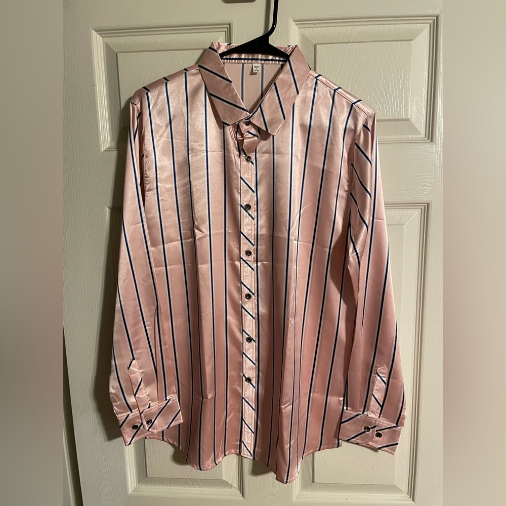 COPY - Men’s Size S Satin Longsleeve Pink & Blue striped Buttonup Shirt